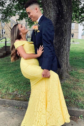 2 Piece Yellow Lace Prom Dress Mermaid Off the Shoulder Formal Dress - MyChicDress